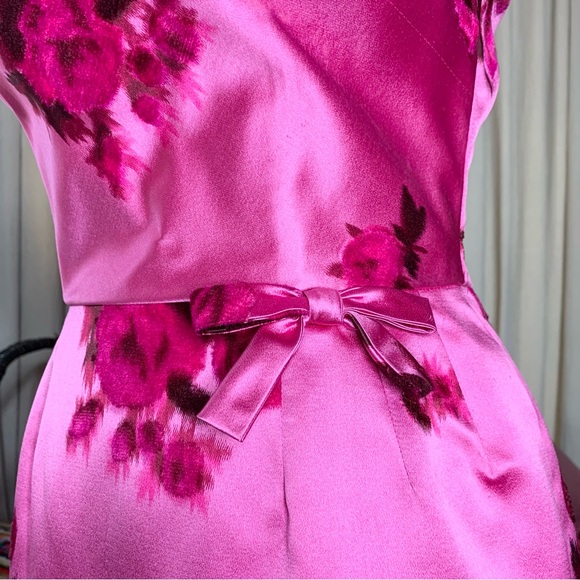 50s Pink Satin Flocked Velvet Rose Dress - Picture 5 of 12